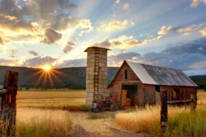 A picture of a red barn next to a tall grain silo surrounded by fields of wheat. The sun shines brightly as it begins to set in the horizon.